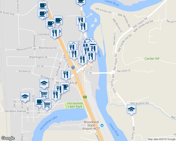 map of restaurants, bars, coffee shops, grocery stores, and more near 1014 A Street in Woodland