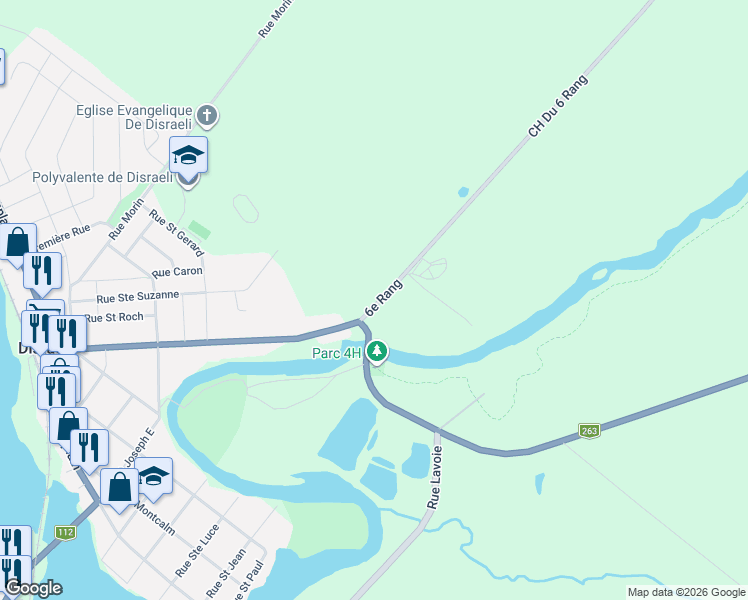 map of restaurants, bars, coffee shops, grocery stores, and more near 700 6e Rang in Disraeli