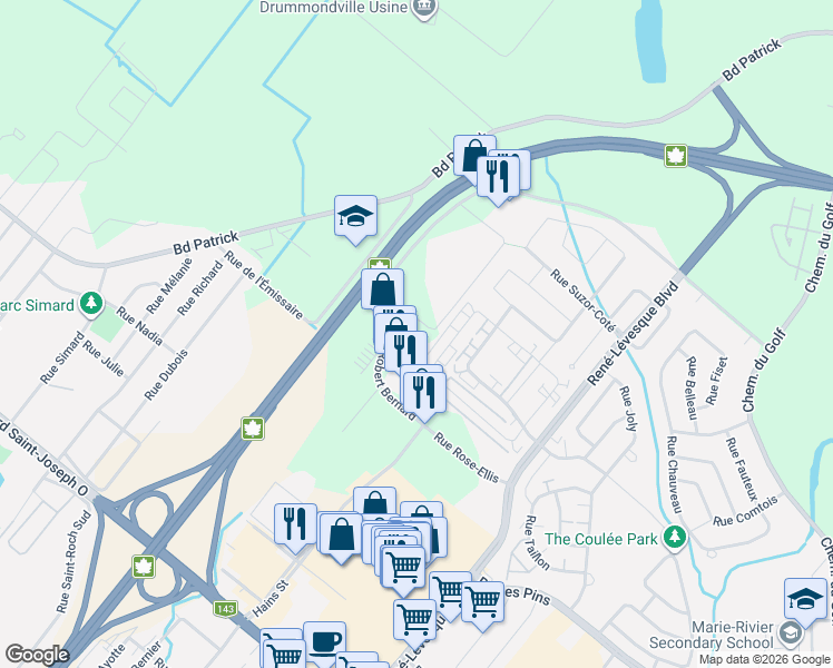 map of restaurants, bars, coffee shops, grocery stores, and more near Rue Robert Bernard in Drummondville
