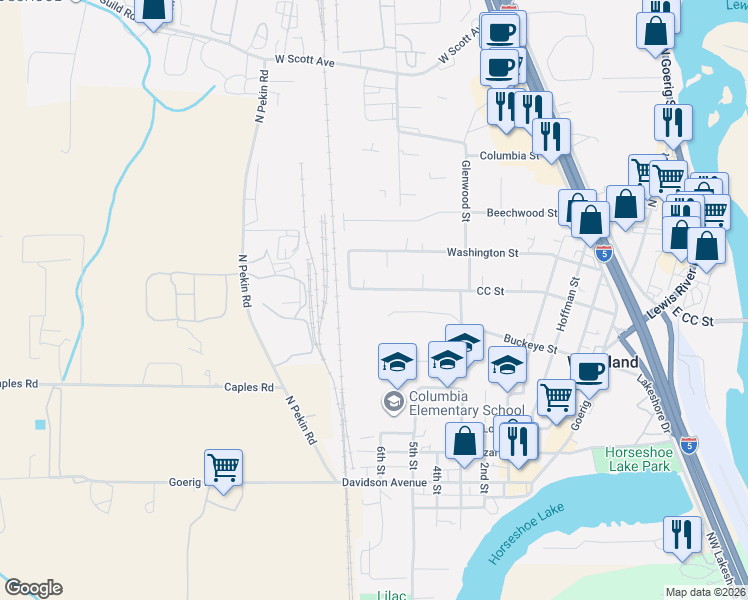 map of restaurants, bars, coffee shops, grocery stores, and more near 989 Frazier Lane in Woodland
