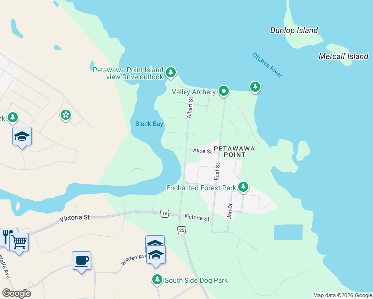 map of restaurants, bars, coffee shops, grocery stores, and more near Albert Street in Petawawa