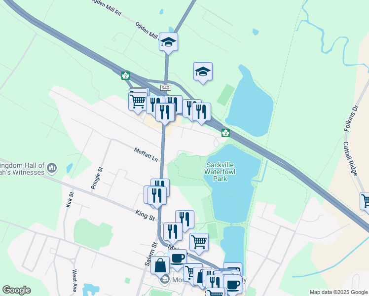 map of restaurants, bars, coffee shops, grocery stores, and more near 17 Waterfowl Lane in Sackville