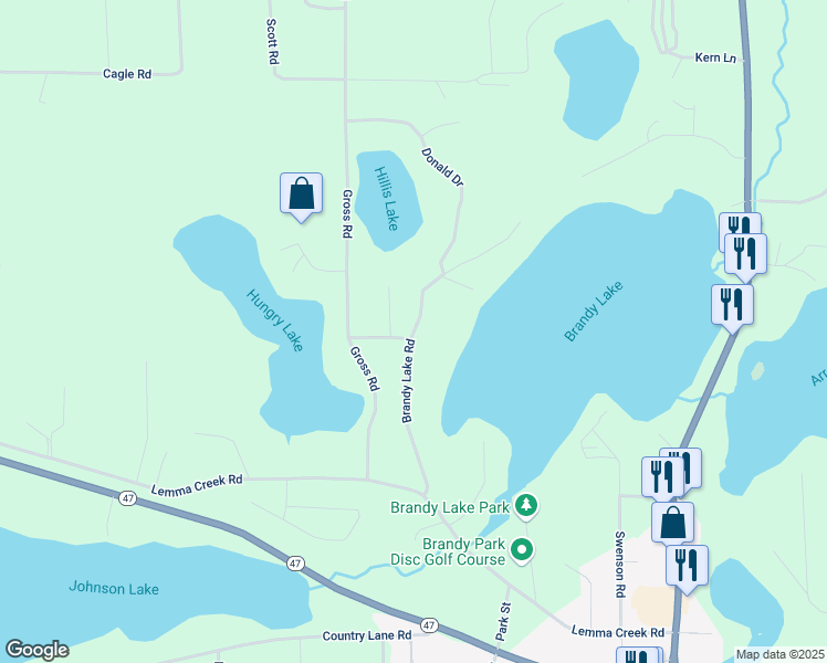 map of restaurants, bars, coffee shops, grocery stores, and more near 1214 Brandy Lake Road in Woodruff