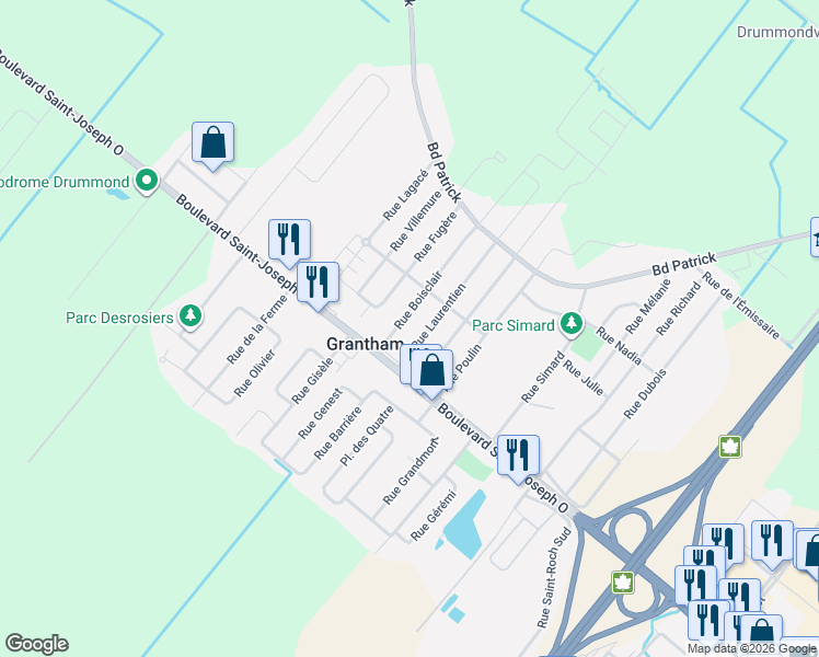 map of restaurants, bars, coffee shops, grocery stores, and more near 4945 Rue Boisclair in Drummondville