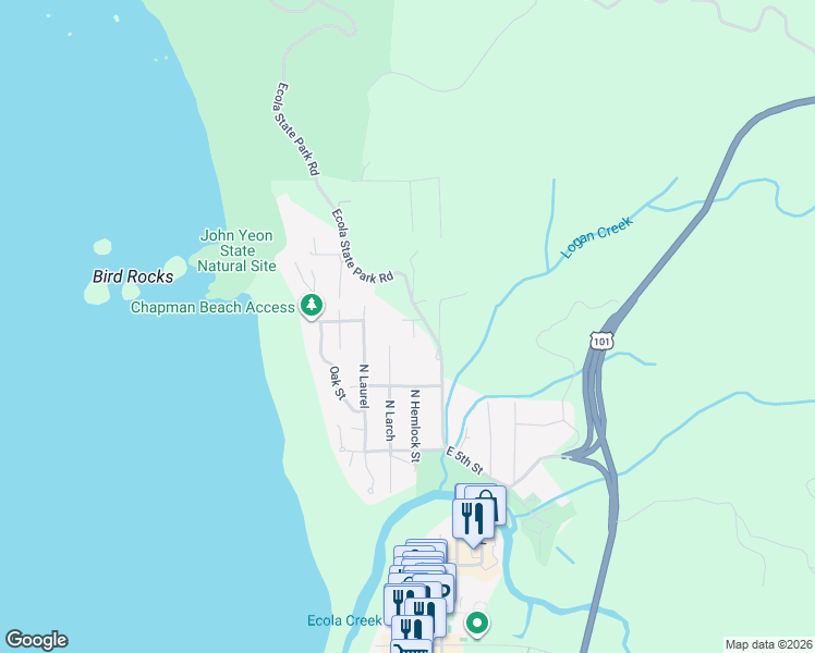 map of restaurants, bars, coffee shops, grocery stores, and more near 696 North Hemlock Street in Cannon Beach