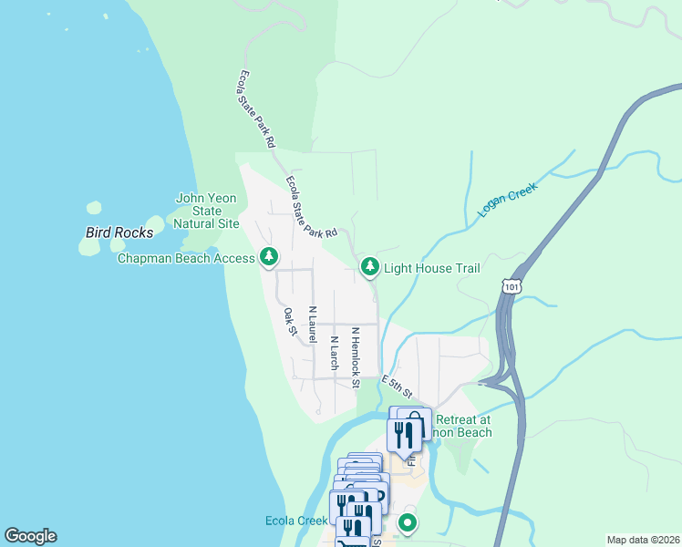 map of restaurants, bars, coffee shops, grocery stores, and more near 175 West 7th Street in Cannon Beach