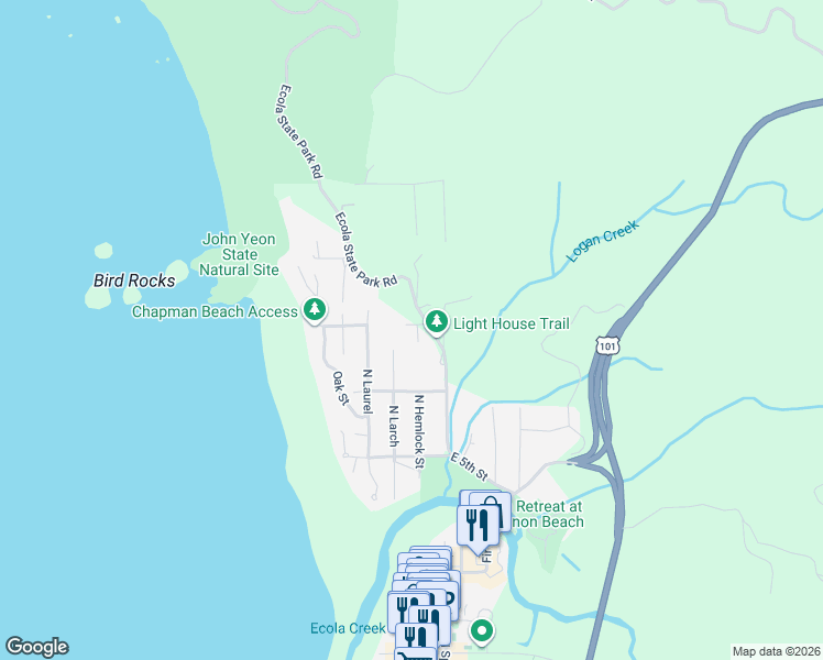 map of restaurants, bars, coffee shops, grocery stores, and more near 175 West 7th Street in Cannon Beach