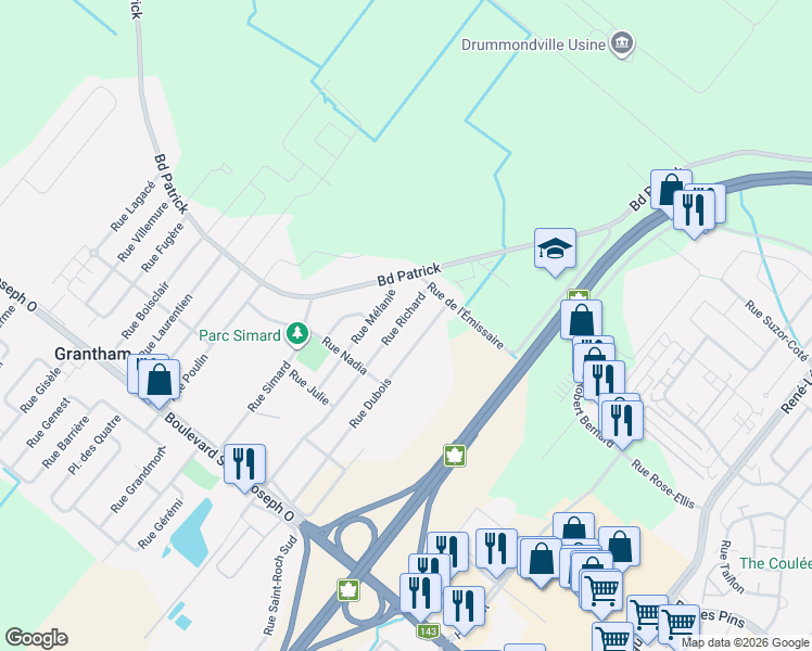 map of restaurants, bars, coffee shops, grocery stores, and more near 4565 Rue Richard in Drummondville
