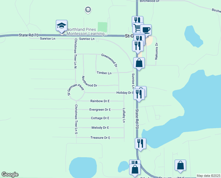 map of restaurants, bars, coffee shops, grocery stores, and more near 8131 Northwood Drive in Saint Germain