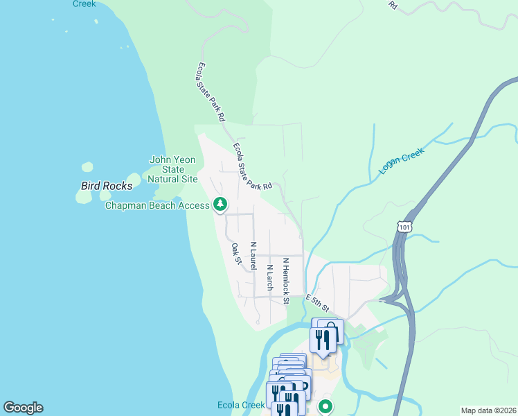 map of restaurants, bars, coffee shops, grocery stores, and more near 715 North Laurel in Cannon Beach