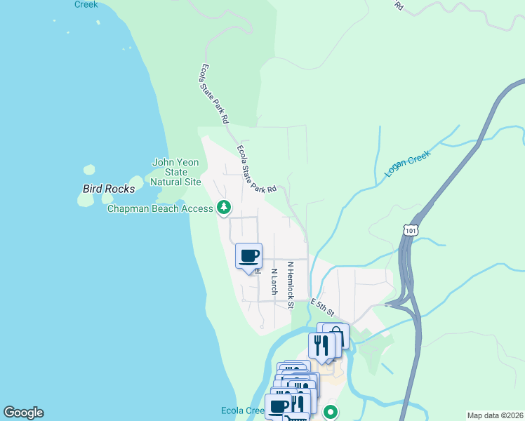 map of restaurants, bars, coffee shops, grocery stores, and more near 715 North Laurel in Cannon Beach