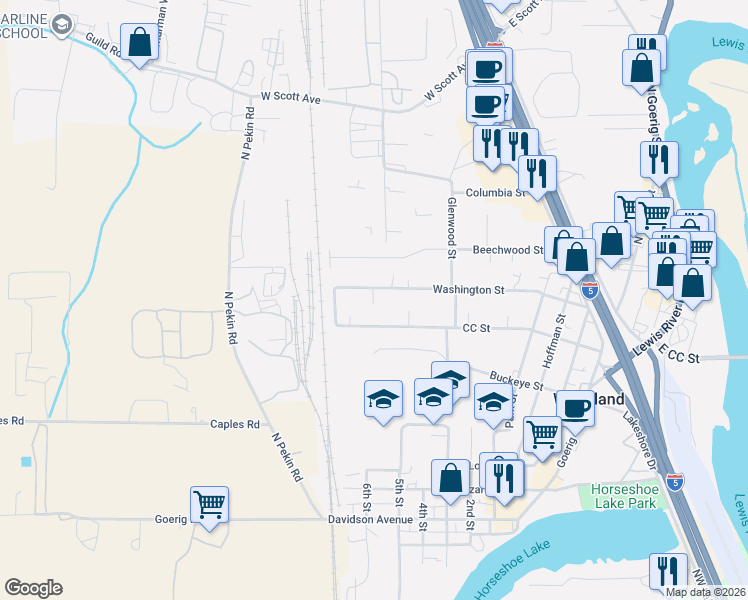 map of restaurants, bars, coffee shops, grocery stores, and more near 719 Washington Street in Woodland