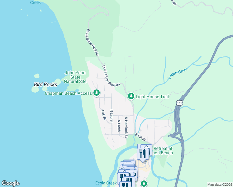 map of restaurants, bars, coffee shops, grocery stores, and more near North Laurel in Cannon Beach