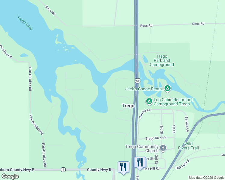 map of restaurants, bars, coffee shops, grocery stores, and more near N7517 Liesch Road in Trego