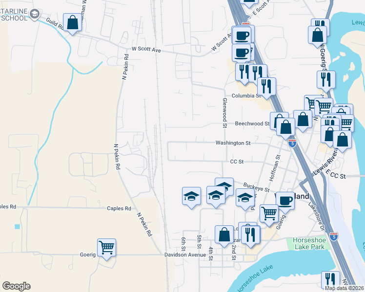 map of restaurants, bars, coffee shops, grocery stores, and more near 779 Washington Street in Woodland