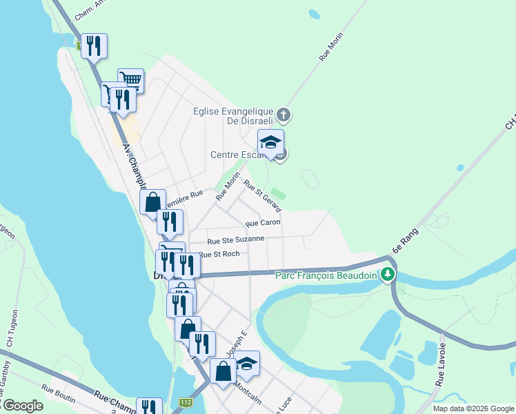 map of restaurants, bars, coffee shops, grocery stores, and more near 880 Rue Grégoire in Disraeli
