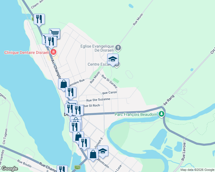 map of restaurants, bars, coffee shops, grocery stores, and more near 880 Rue Grégoire in Disraeli