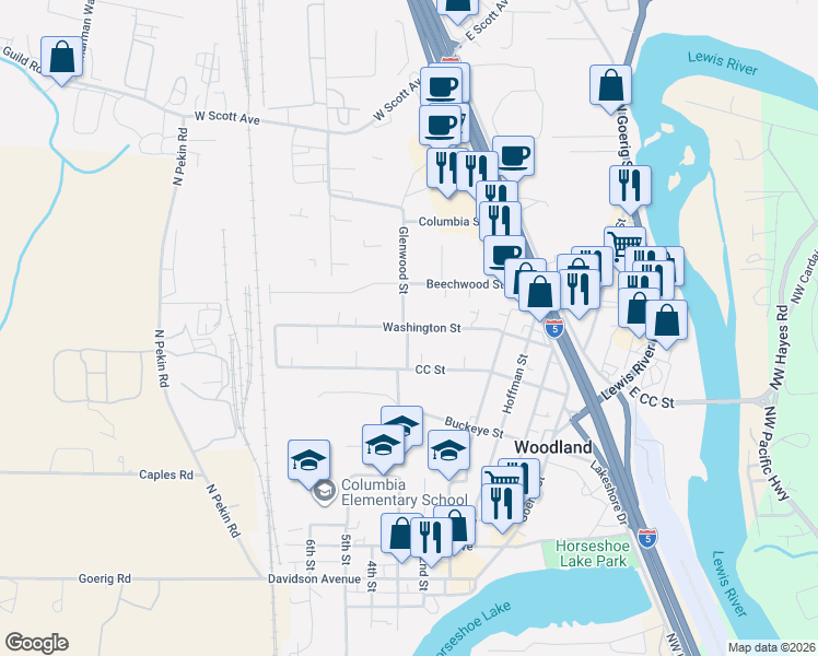 map of restaurants, bars, coffee shops, grocery stores, and more near 1000 Frazier Lane in Woodland
