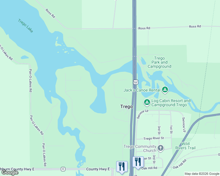 map of restaurants, bars, coffee shops, grocery stores, and more near N7517 Liesch Road in Trego