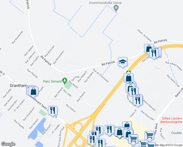 map of restaurants, bars, coffee shops, grocery stores, and more near 4512 Rue Richard in Drummondville