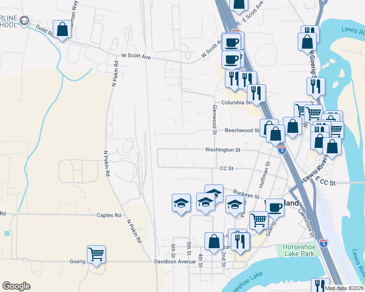 map of restaurants, bars, coffee shops, grocery stores, and more near 750 Washington Street in Woodland