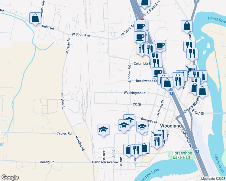 map of restaurants, bars, coffee shops, grocery stores, and more near 720 Washington Street in Woodland