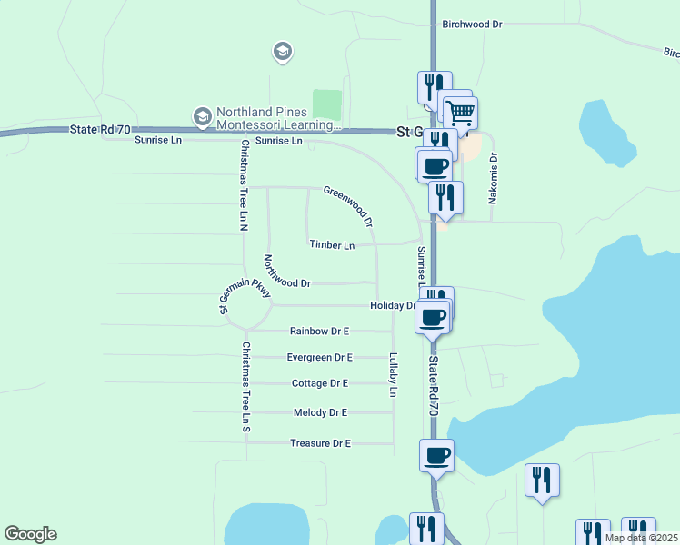 map of restaurants, bars, coffee shops, grocery stores, and more near 8131 Northwood Drive in Saint Germain