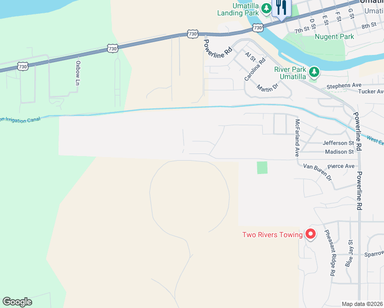 map of restaurants, bars, coffee shops, grocery stores, and more near 630 Grant Street in Umatilla
