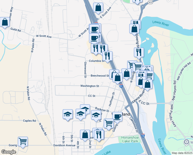map of restaurants, bars, coffee shops, grocery stores, and more near 518 Beechwood Street in Woodland