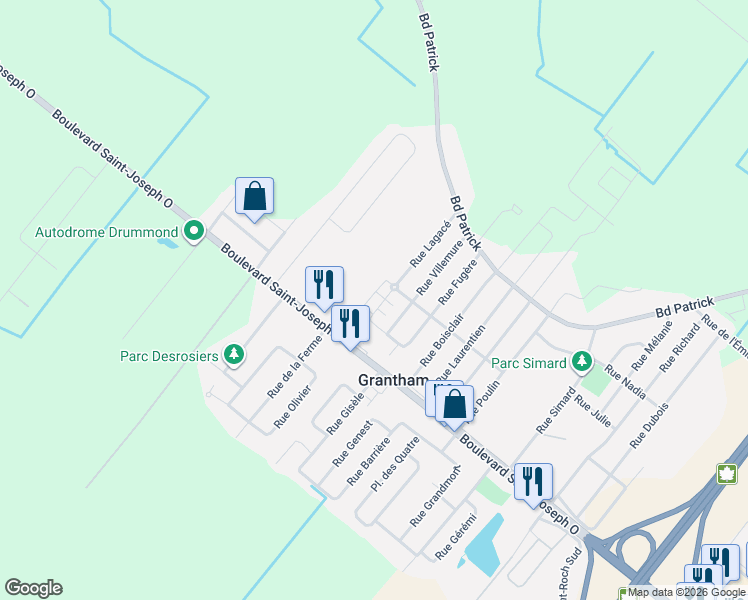 map of restaurants, bars, coffee shops, grocery stores, and more near 4870 Rue Lagacé in Drummondville