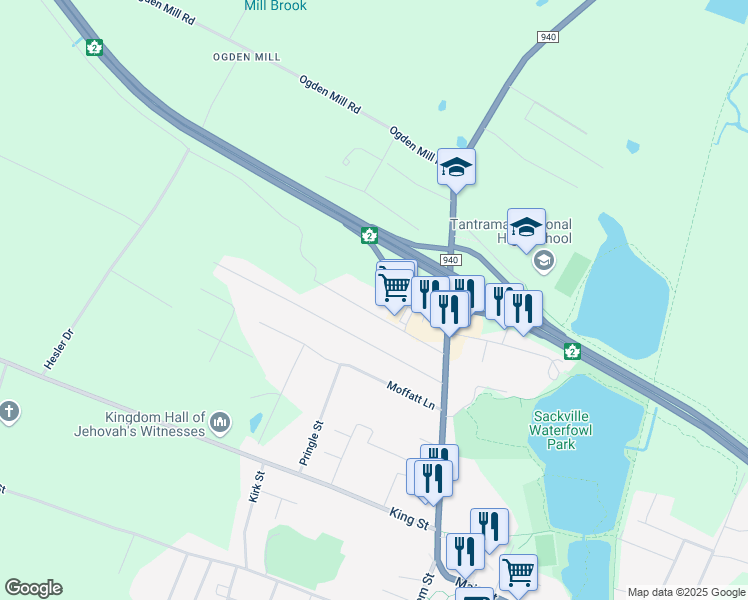 map of restaurants, bars, coffee shops, grocery stores, and more near 15 Wright Street in Sackville