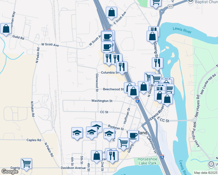 map of restaurants, bars, coffee shops, grocery stores, and more near 518 Beechwood Street in Woodland