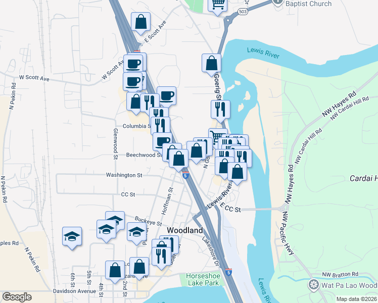 map of restaurants, bars, coffee shops, grocery stores, and more near 1300 Atlantic Avenue in Woodland