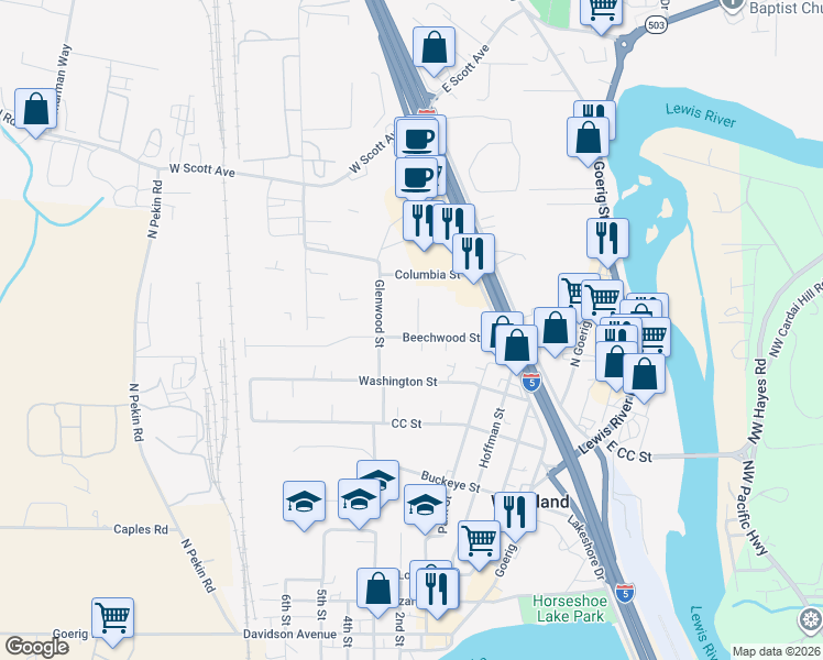 map of restaurants, bars, coffee shops, grocery stores, and more near 518 Beechwood Street in Woodland