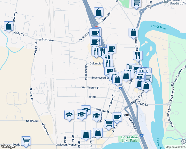map of restaurants, bars, coffee shops, grocery stores, and more near 518 Beechwood Street in Woodland