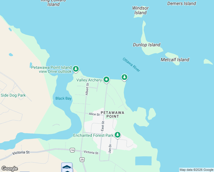 map of restaurants, bars, coffee shops, grocery stores, and more near 58 East Street in Petawawa
