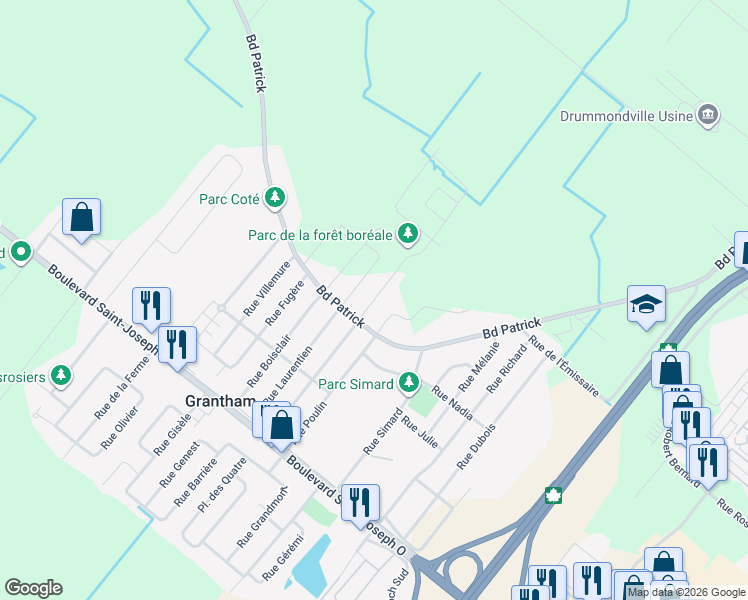 map of restaurants, bars, coffee shops, grocery stores, and more near Rue Brousseau in Drummondville