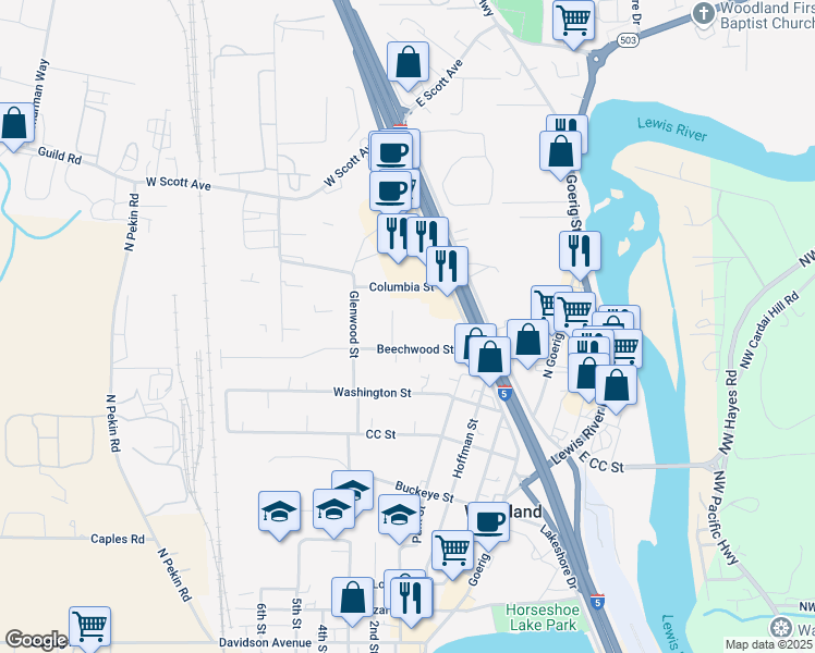 map of restaurants, bars, coffee shops, grocery stores, and more near 1400 Woodside Terrace in Woodland