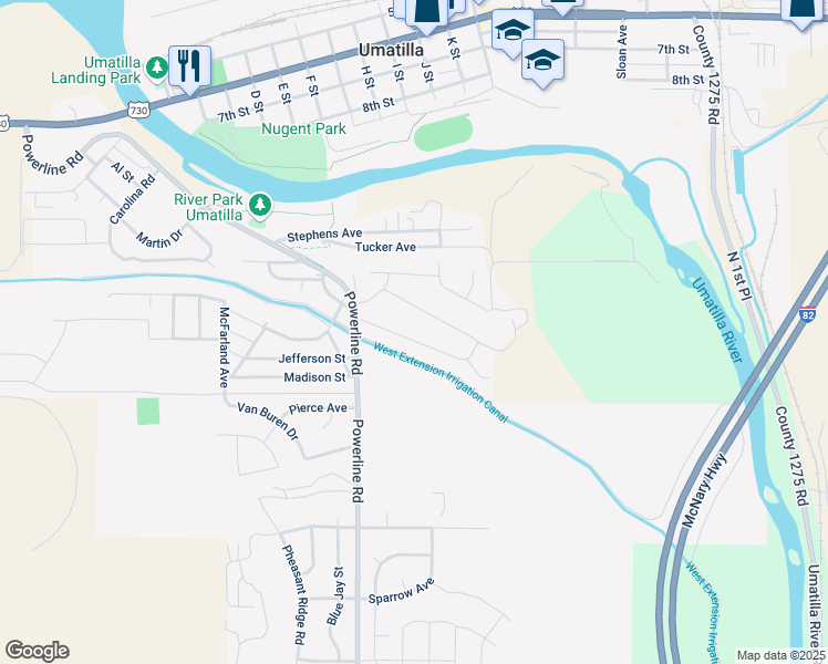 map of restaurants, bars, coffee shops, grocery stores, and more near 400 Monroe Street in Umatilla