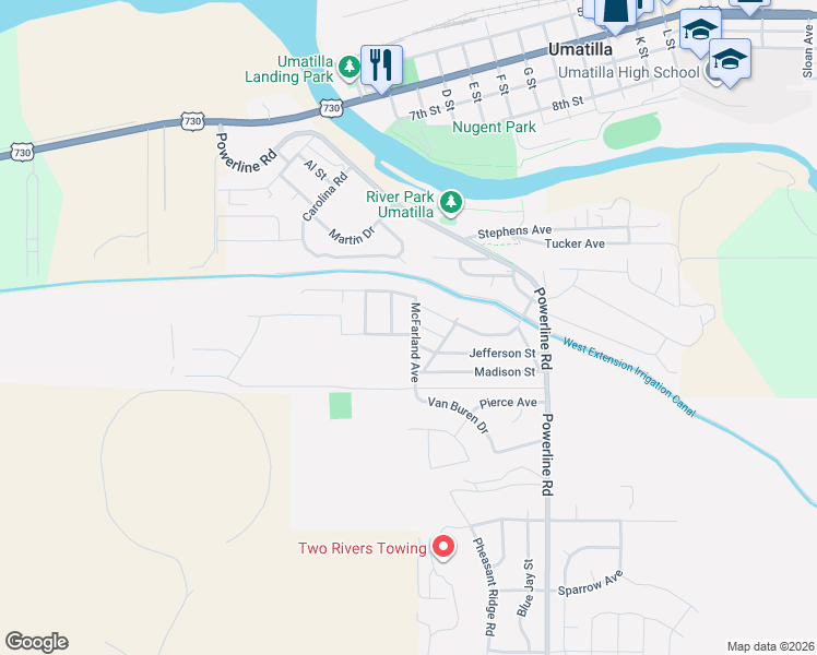 map of restaurants, bars, coffee shops, grocery stores, and more near 7 Roosevelt Street in Umatilla