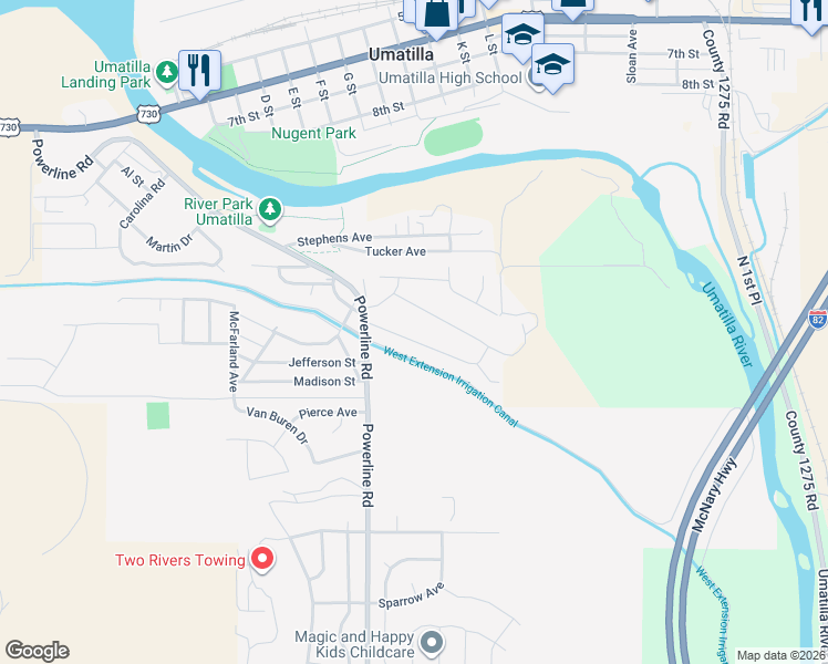 map of restaurants, bars, coffee shops, grocery stores, and more near 400 Monroe Street in Umatilla