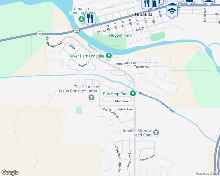 map of restaurants, bars, coffee shops, grocery stores, and more near 120 Columbia Street in Umatilla