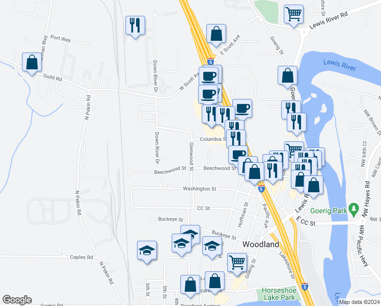 map of restaurants, bars, coffee shops, grocery stores, and more near 1350 Glenwood Street in Woodland
