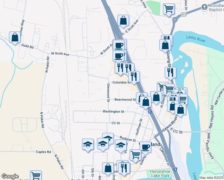 map of restaurants, bars, coffee shops, grocery stores, and more near 1350 Glenwood Street in Woodland