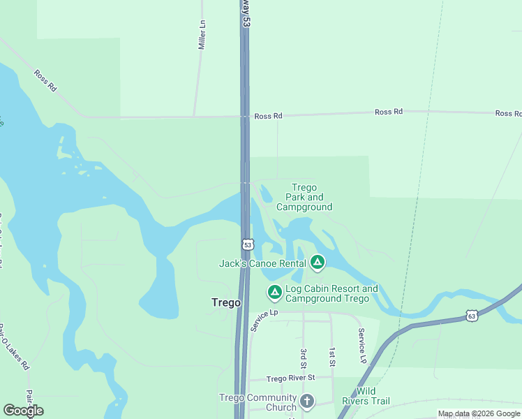 map of restaurants, bars, coffee shops, grocery stores, and more near W5693 Wagon Bridge Road in Trego