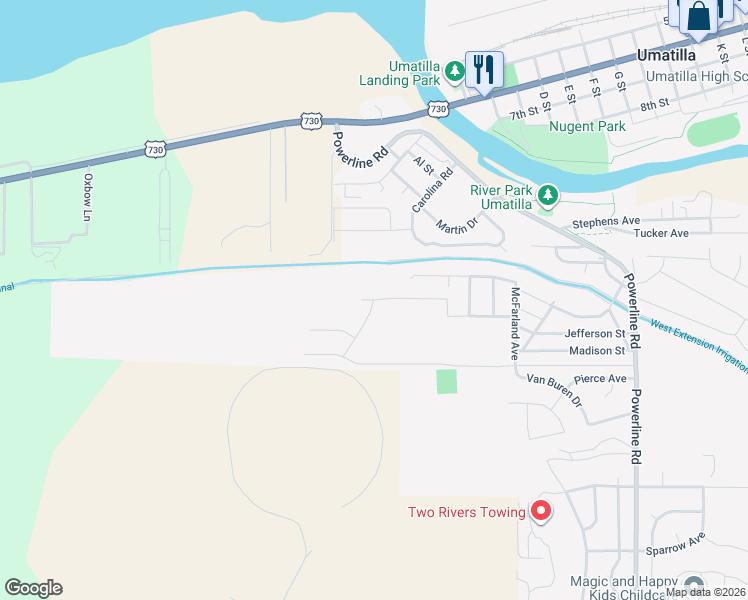 map of restaurants, bars, coffee shops, grocery stores, and more near 561 Taft Street in Umatilla