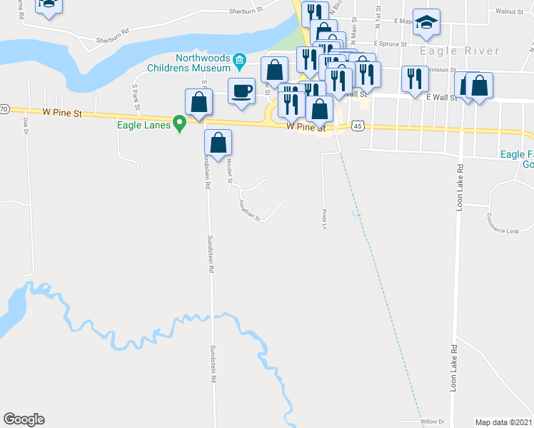 map of restaurants, bars, coffee shops, grocery stores, and more near 207 Jonathan Street in Eagle River