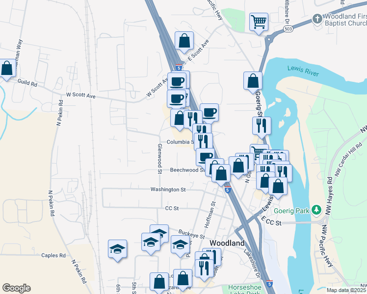 map of restaurants, bars, coffee shops, grocery stores, and more near 1400 Woodside Terrace in Woodland