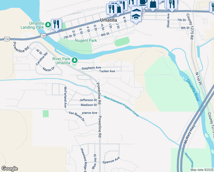 map of restaurants, bars, coffee shops, grocery stores, and more near 330 Orchard Street in Umatilla