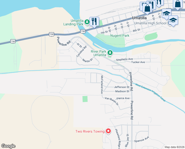map of restaurants, bars, coffee shops, grocery stores, and more near 140 Truman Drive in Umatilla